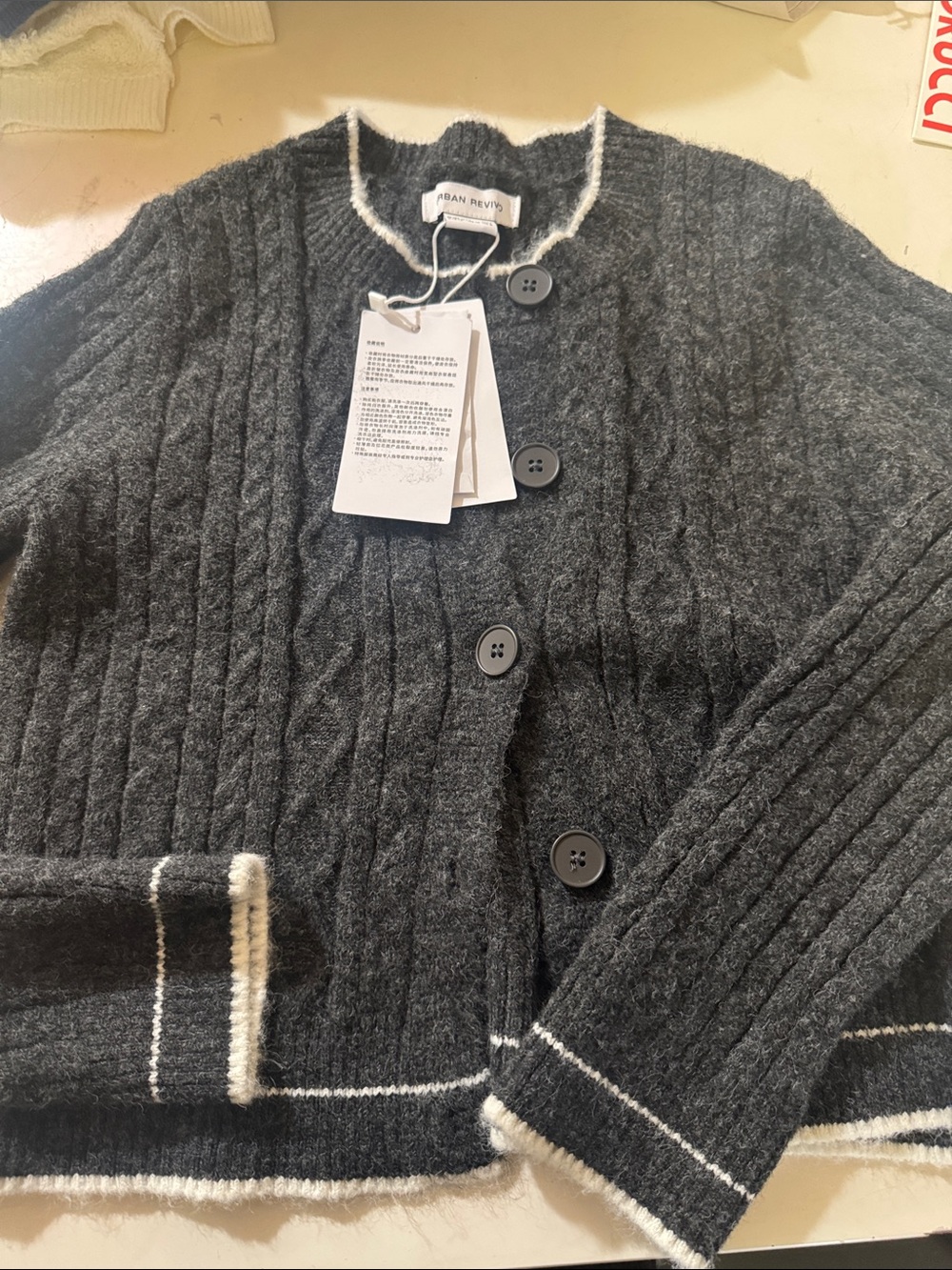 Urban Revivo Dark Gray Button-Front Ribbed Cardigan with Cream Trim